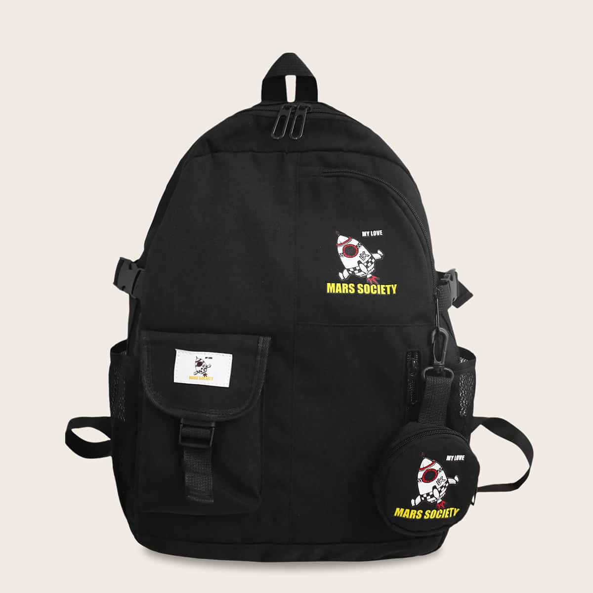 

Guys Cartoon Graphic Buckle Detail Backpack, Black
