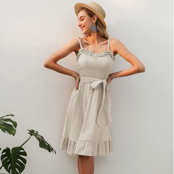 

Simplee Ruffle Trim Shirred Bodice Self Belted Dress, Beige