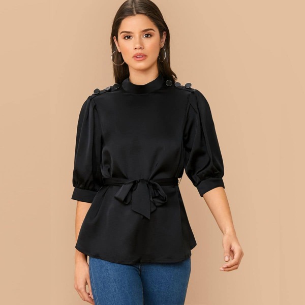 

Button Shoulder Belted Satin Top, Black