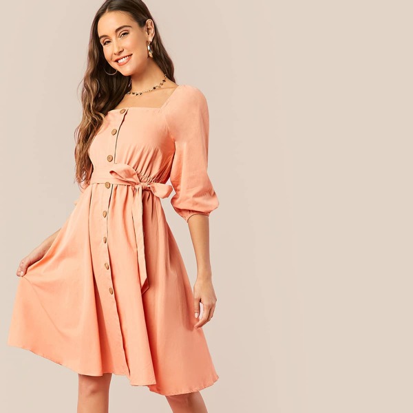 

Lantern Sleeve Single Breasted Belted Dress, Orange pastel