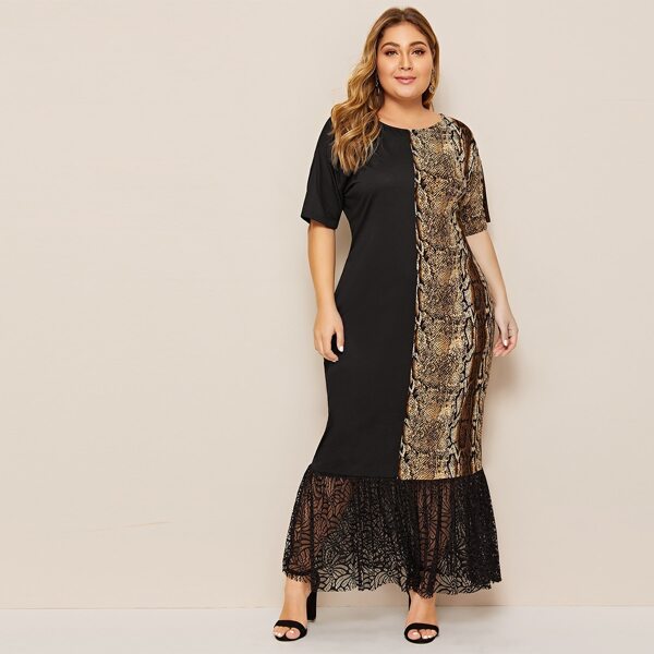 

Plus Contrast Snakeskin Lace Panel Fitted Dress, Multicolor