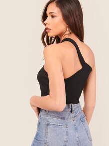 SHEIN Ribbed One-Shoulder Crop Top - Black - View 2