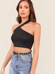 SHEIN Ribbed One-Shoulder Crop Top - Black - View 3