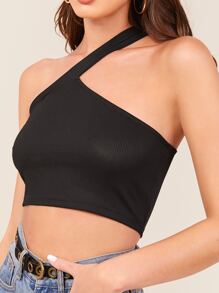 SHEIN Ribbed One-Shoulder Crop Top - Black - View 4