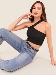 SHEIN Ribbed One-Shoulder Crop Top - Black - View 5