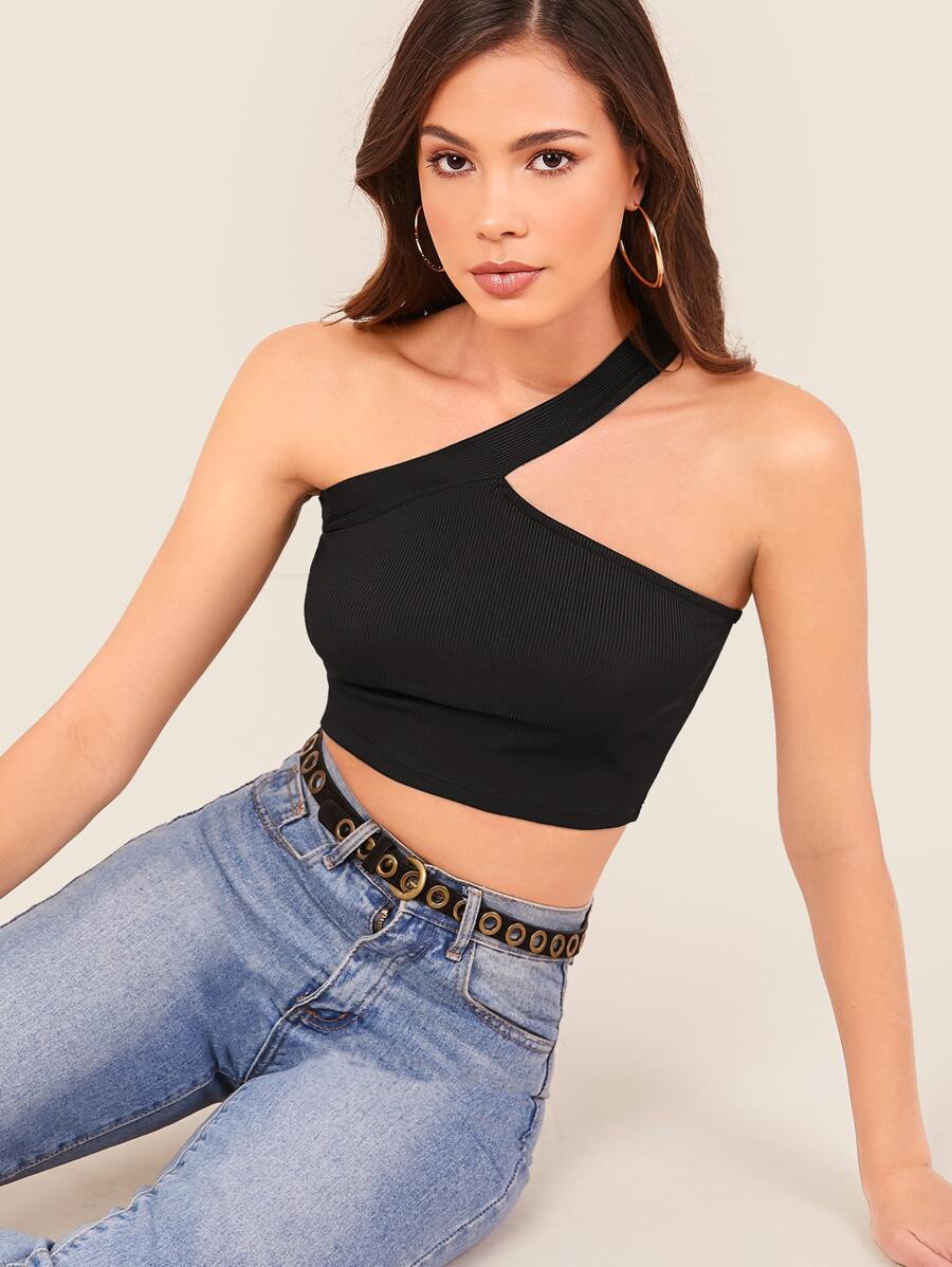 SHEIN Ribbed One-Shoulder Crop Top - Black - View 1