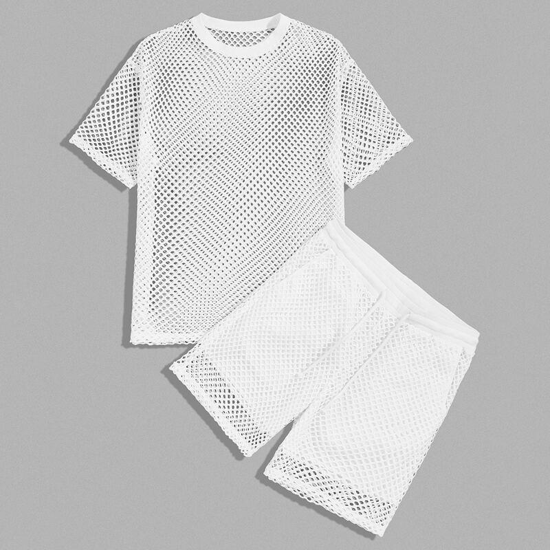 

Guys Drop Shoulder Sheer Mesh Top & Shorts Set, White