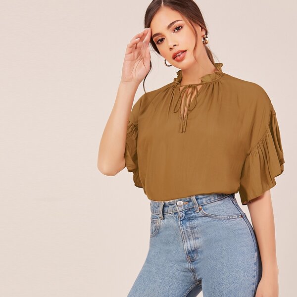 

Neck Tie Short Sleeve Ruffle Peasant Blouse, Brown