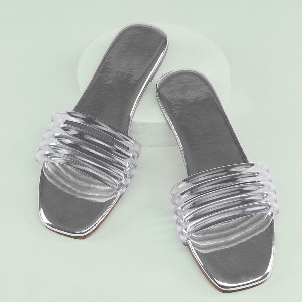 

Square Toe PVC Multi Strap Band Flat Slide Sandals, Silver