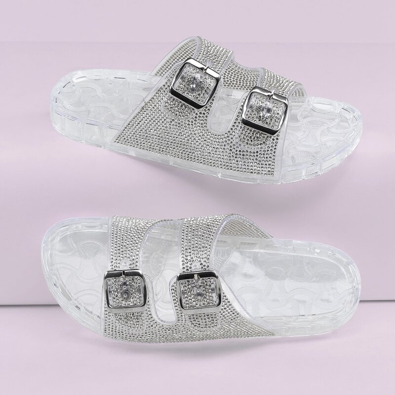 

Crystal Twin Buckle Band Jelly Slide Sandals, White