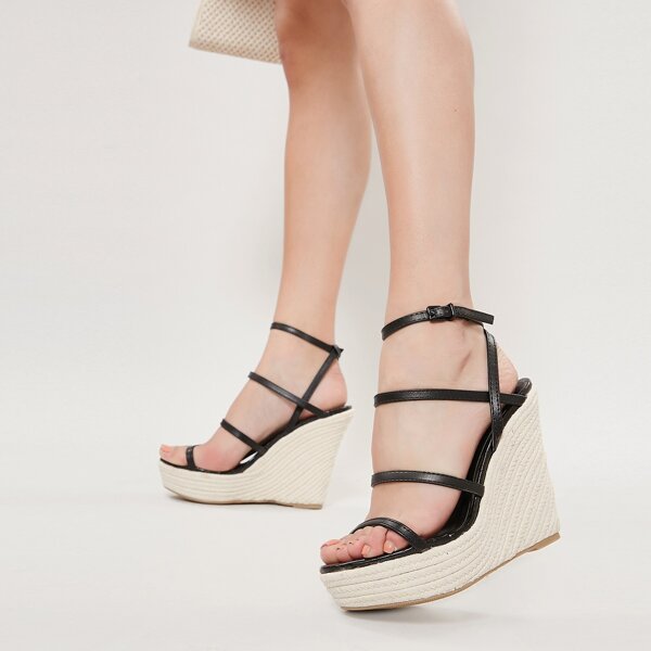 

Strappy Open Toe Platform Espadrille Wedges, Black