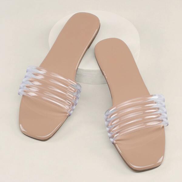 

Square Toe PVC Multi Strap Band Flat Slide Sandals, Apricot clear