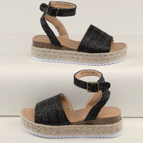 

Woven Raffia Open Toe Ankle Strap Flatform Sandals, Black