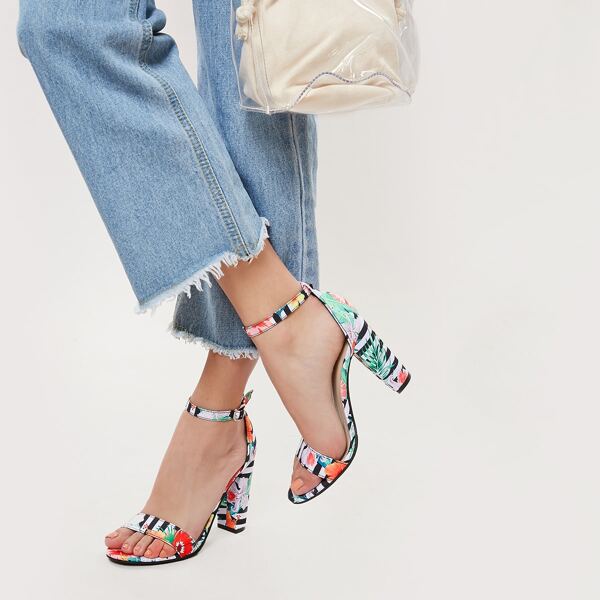 

Floral Stripe Ankle Strap Block Heel Sandals, Multicolor