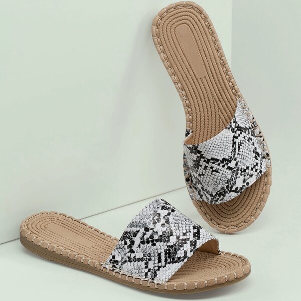 

Snake Print Wide Band Open Toe Slide Sandals, Black and white