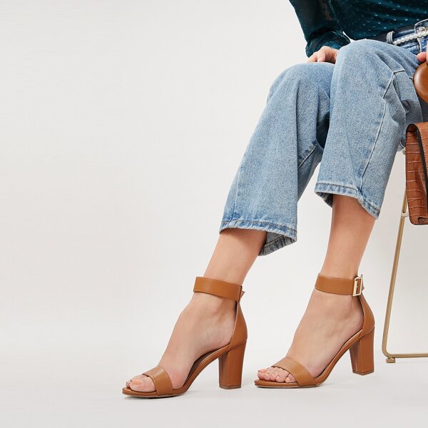 

Almond Toe Ankle Strap Block Heel Sandals, Brown