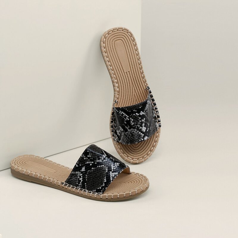 

Snakeskin Wide Band Open Toe Slide Sandals, Black