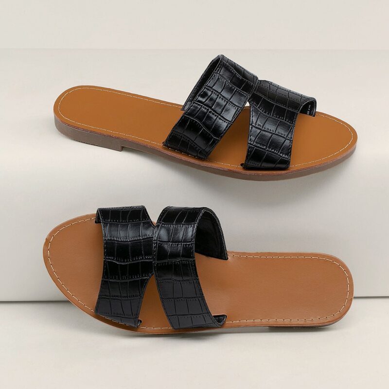 

Croc Detail Dual Cut Out Open Toe Slide Sandals, Black
