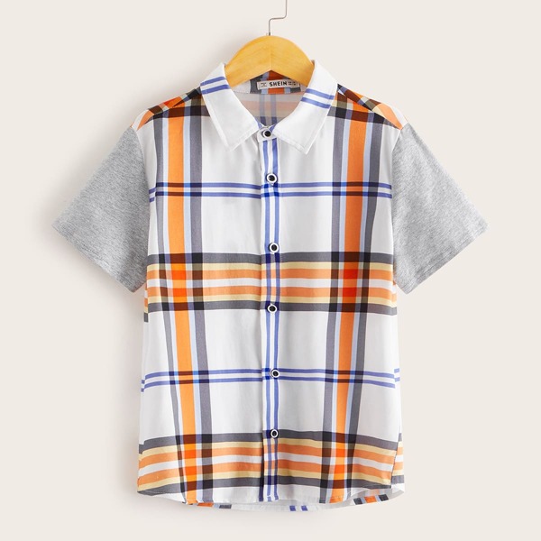 

Boys Collared Contrast Sleeve Plaid Shirt, Multicolor