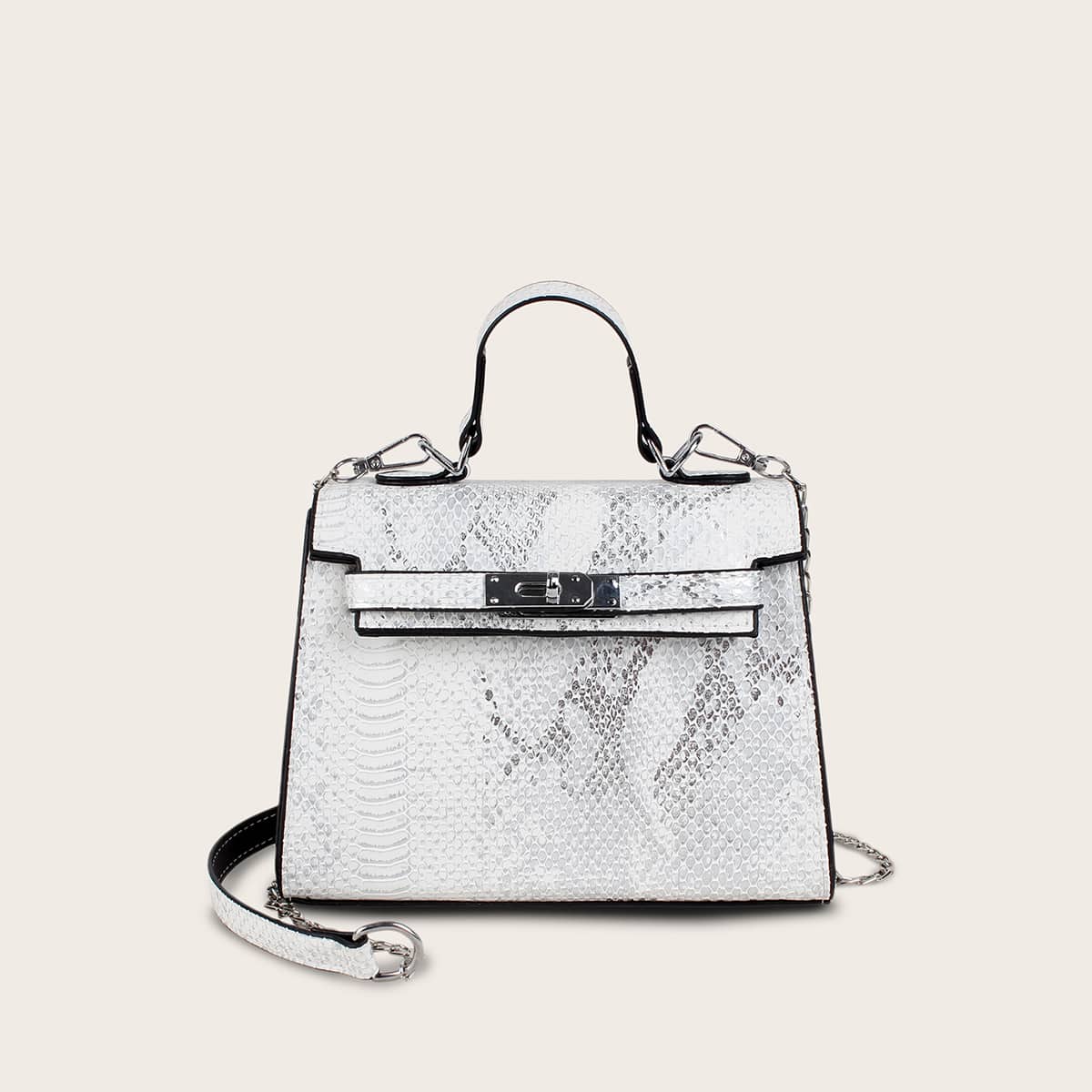 

Snakeskin Embossed Satchel Bag, Silver