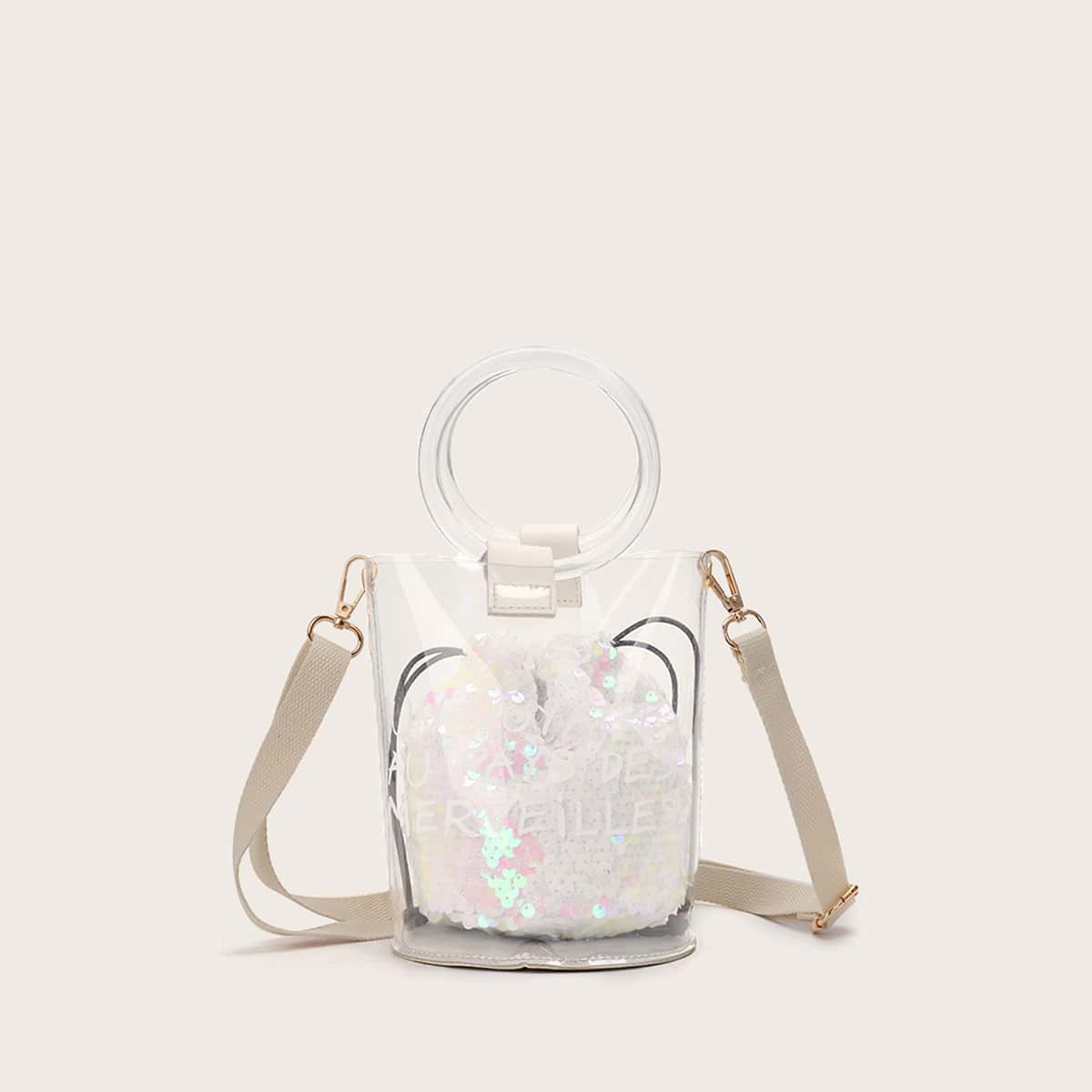 

Clear Bucket Bag With Sequins Decor Inner Pouch, White