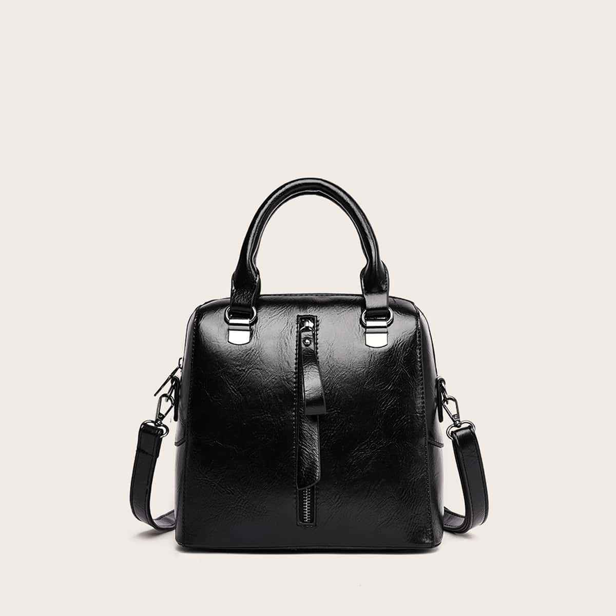 

Zipper Front Satchel Bag, Black