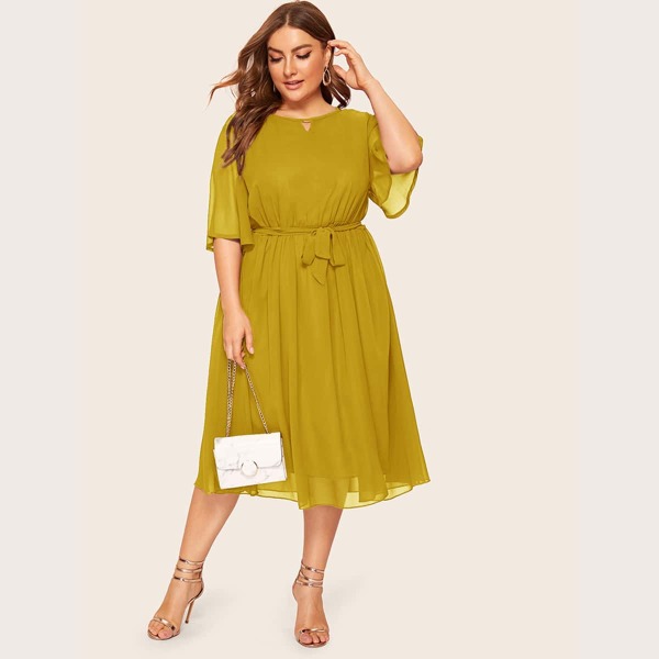 

Plus Peekaboo Belted A-line Dress, Yellow