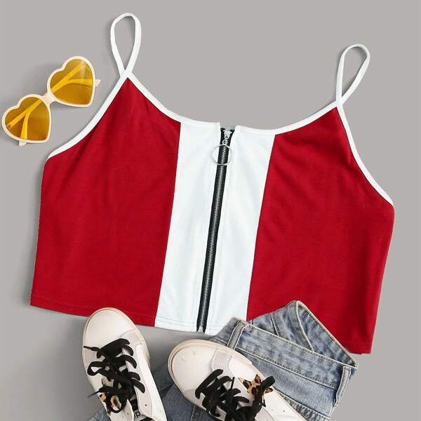 

Plus Contrast Panel Zip Front Cami Top, Red