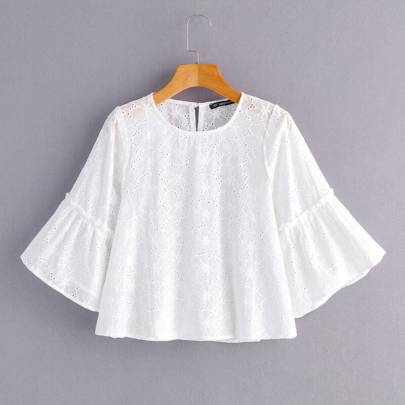 

Eyelet Embroidery Flounce Sleeve Blouse, White