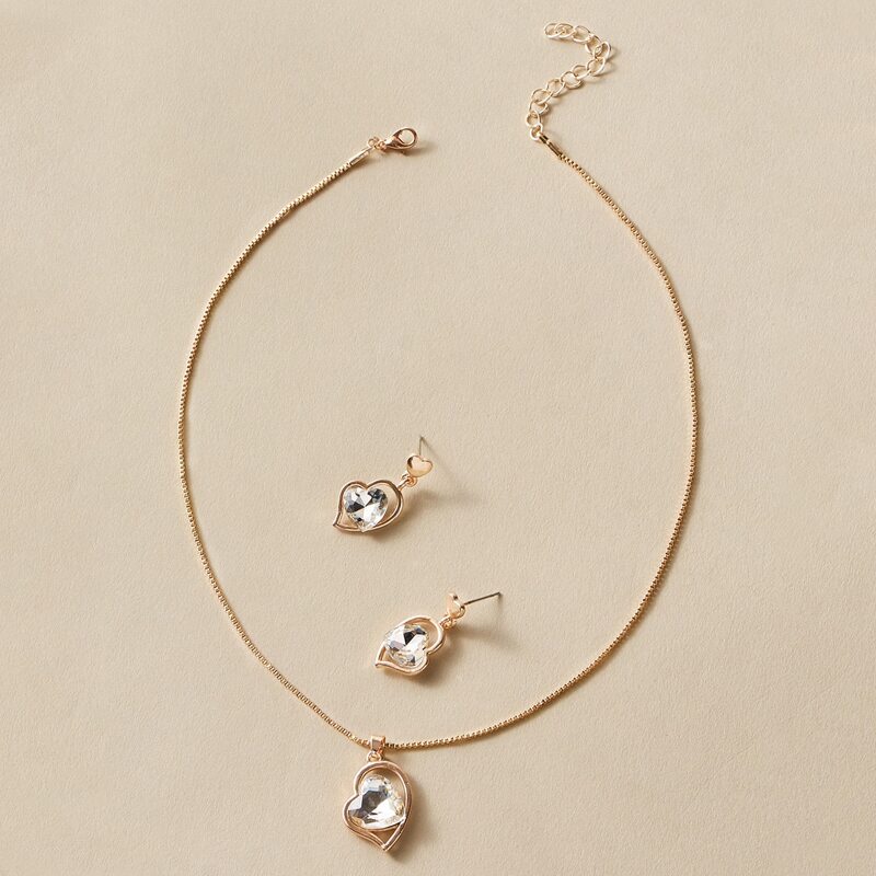 

3pcs Rhinestone Engraved Heart Decor Necklace & Earrings