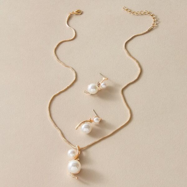 

3pcs Faux Pearl Decor Necklace & Earrings