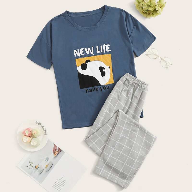 

Letter And Cartoon Graphic Tee & Pants PJ Set, Multicolor