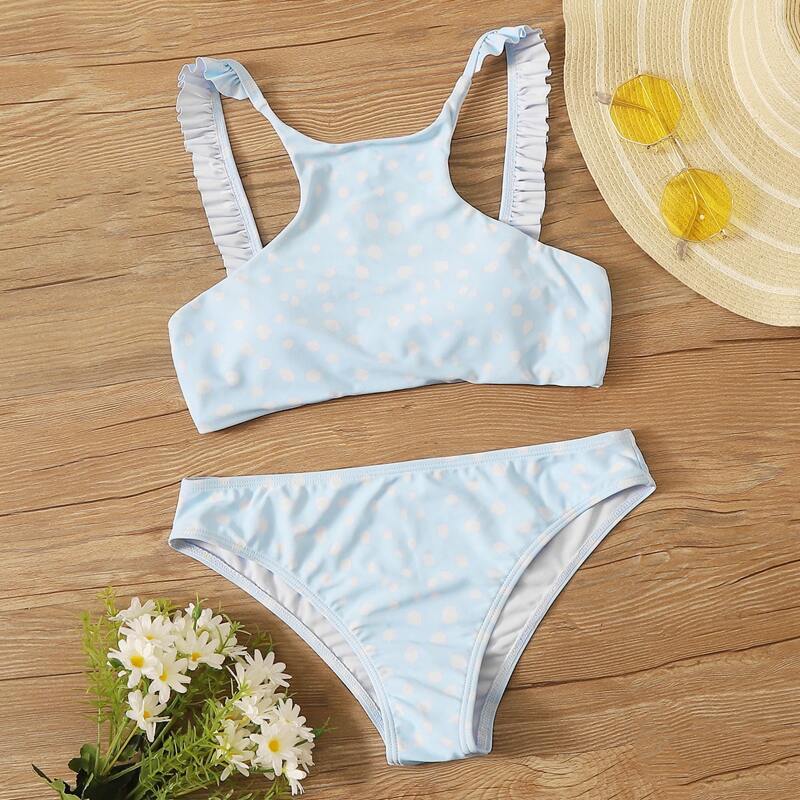 

Frill Trim Strap Dalmatian Print Bikini Set, Blue