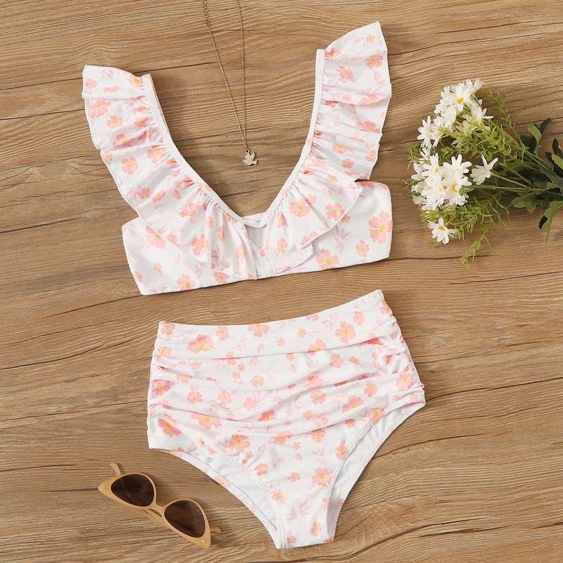 

Floral Ruffle Top With Ruched Bikini Set, Multicolor