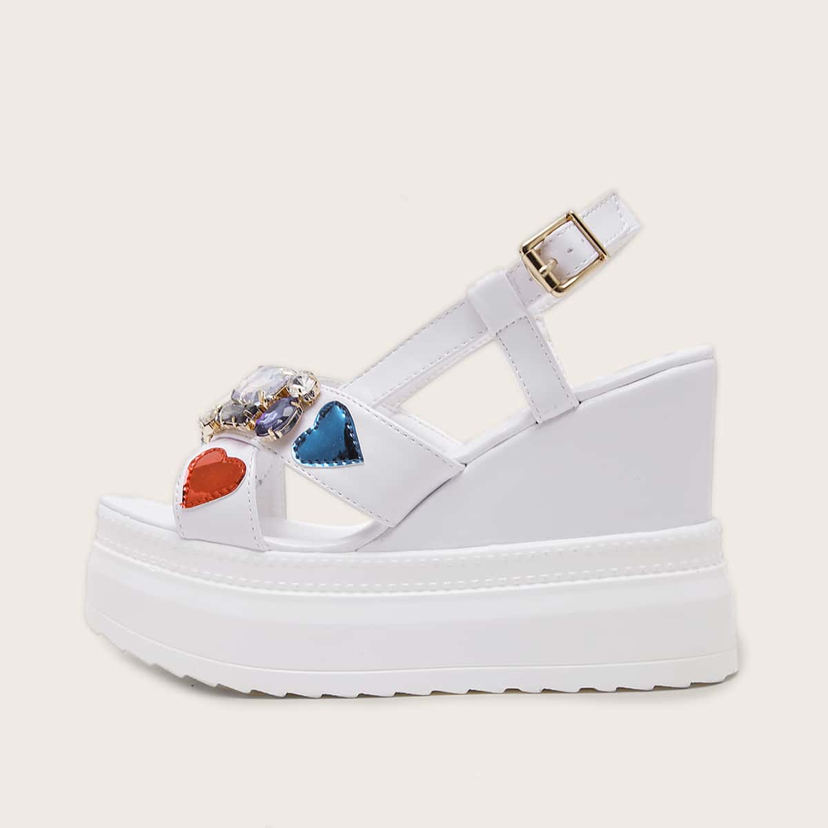 

Heart & Gemstone Decor Slingback Wedges, White