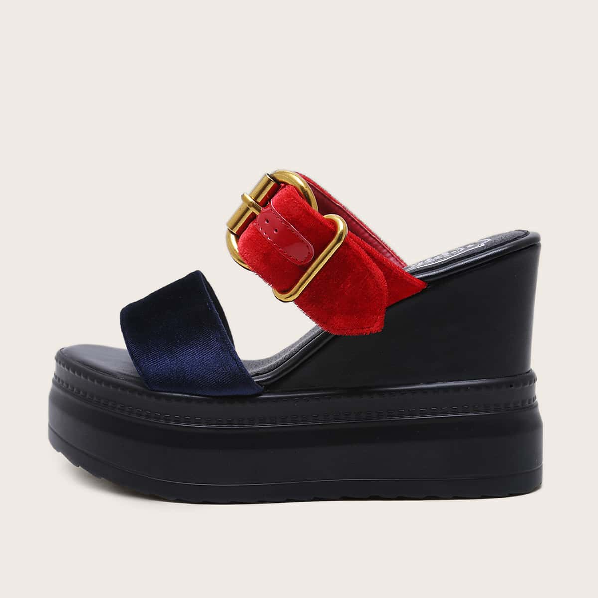 

Buckle Decor Velvet Wedges Mules, Black