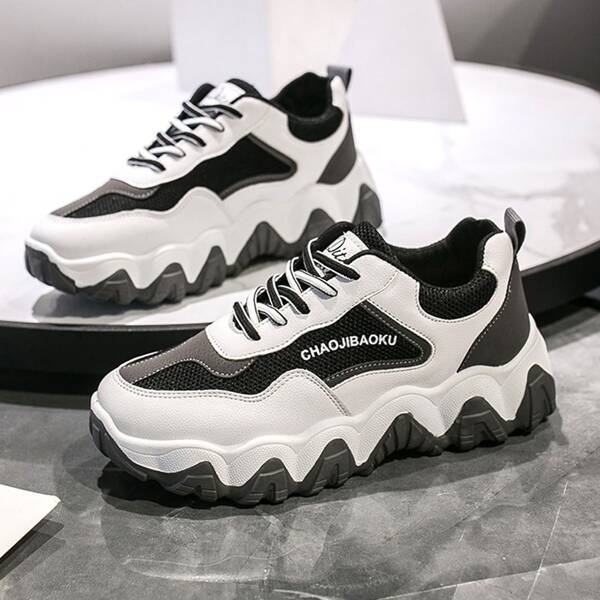

Lace-up Front Mesh Panel Chunky Sneakers, Black and white