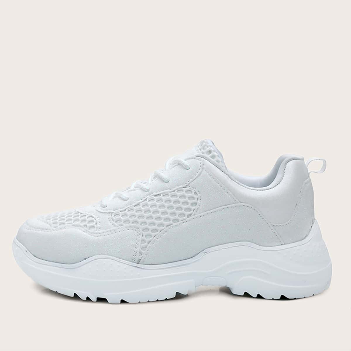 

Lace-up Front Mesh Panel Chunky Sneakers, White