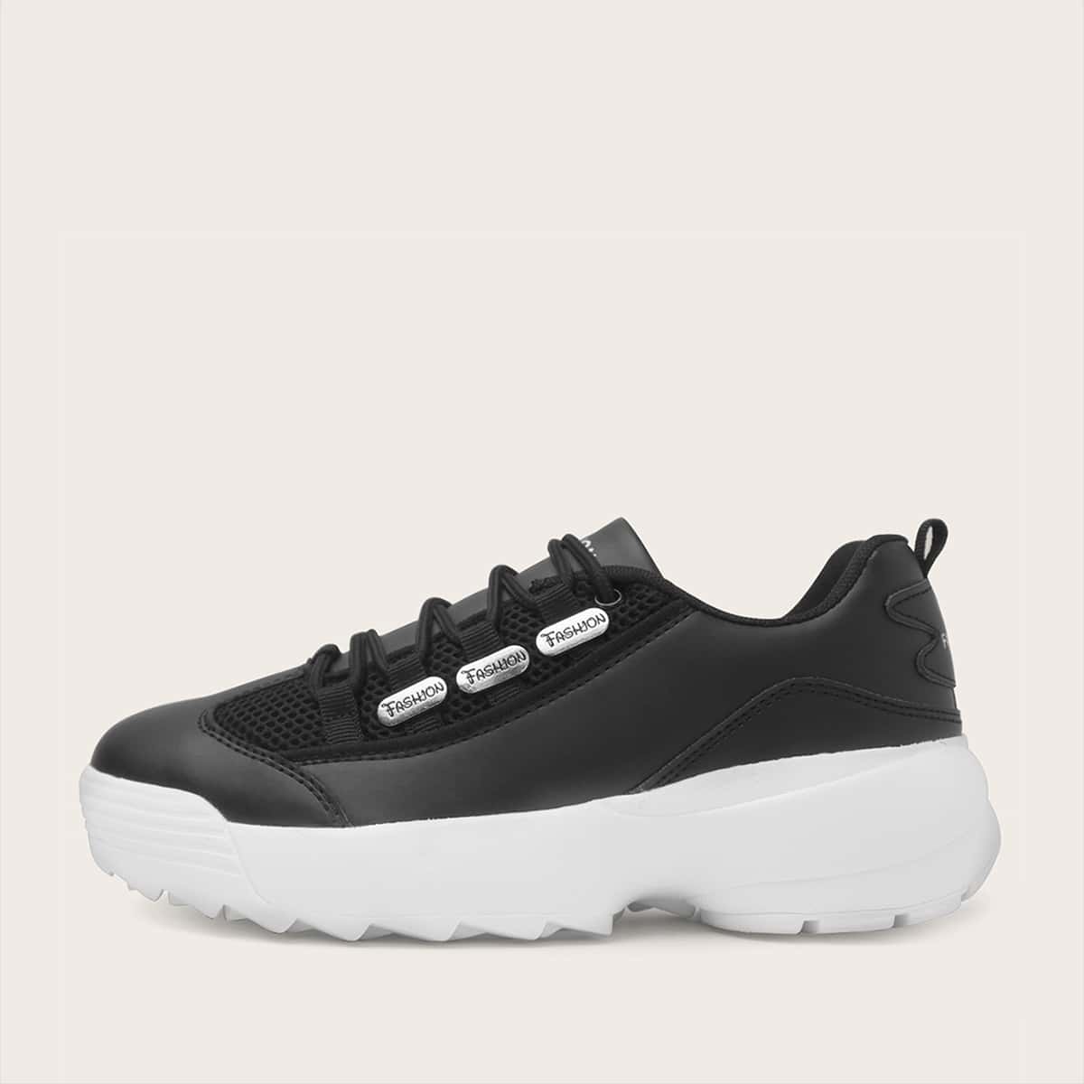 

Lace-up Front Mesh Panel Chunky Sneakers, Black