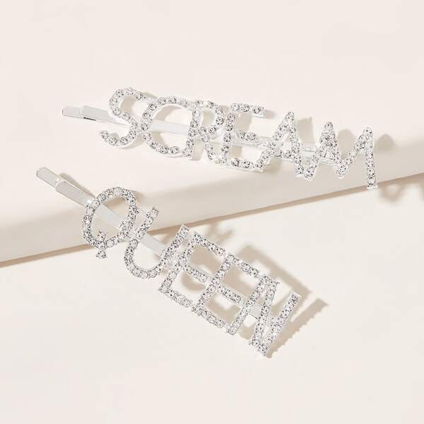 

2pcs Rhinestone Engraved Letter Hair Clip, Silver