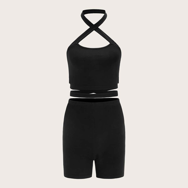 

Crisscross Detail Halter Top and Biker Shorts Set, Black