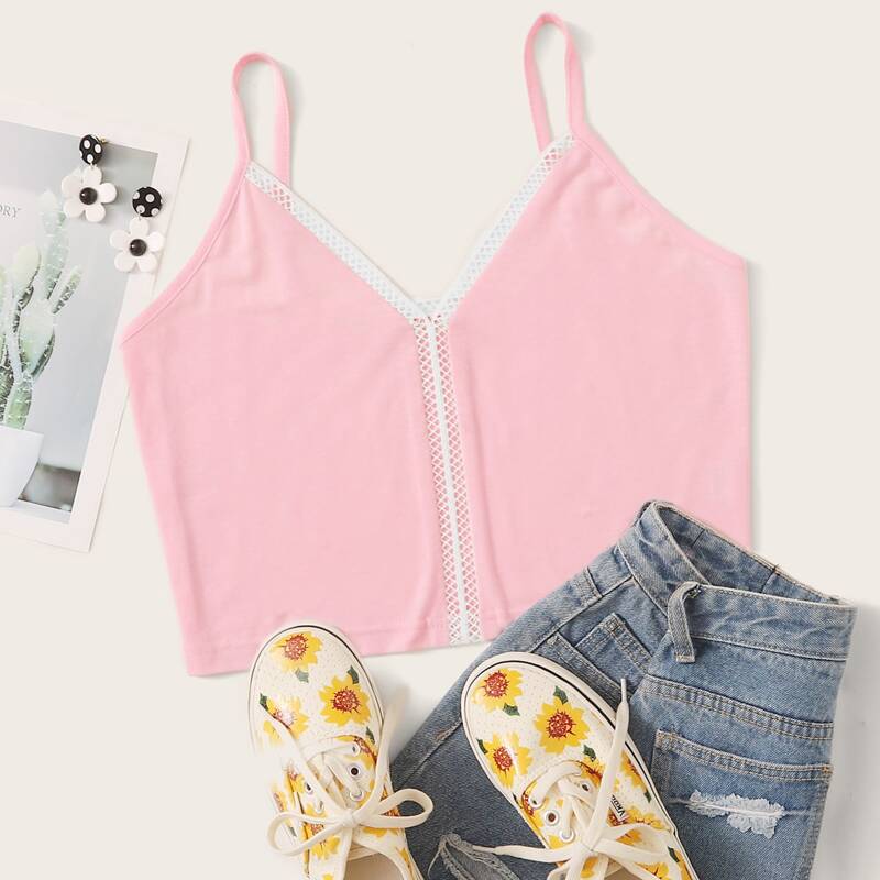 

Contrast Open Stitch Crop Cami, Pink