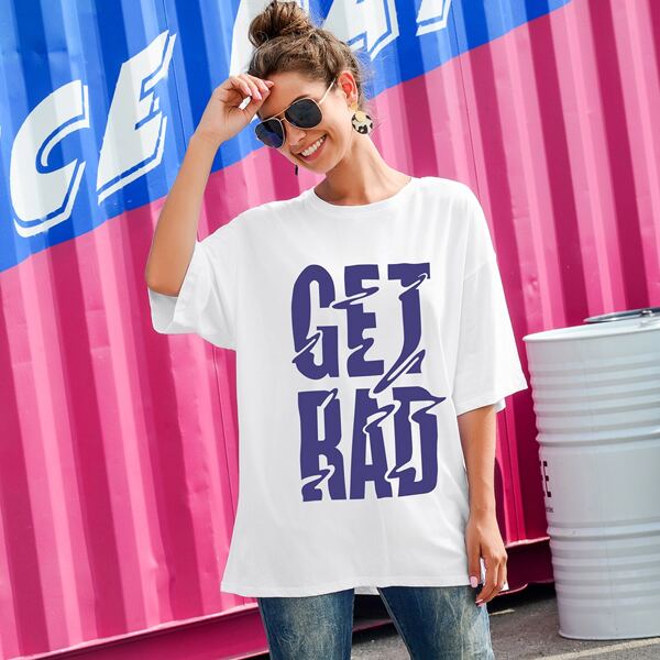 

Letter Print Drop Shoulder Oversized Tee, White