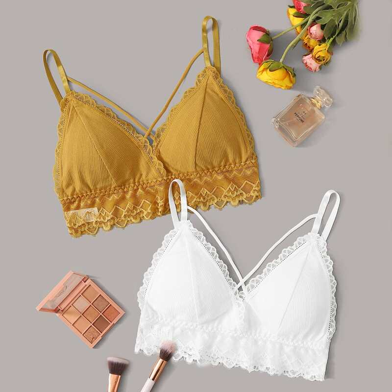 

2pack Lace Trim Harness Bra Set, Multicolor