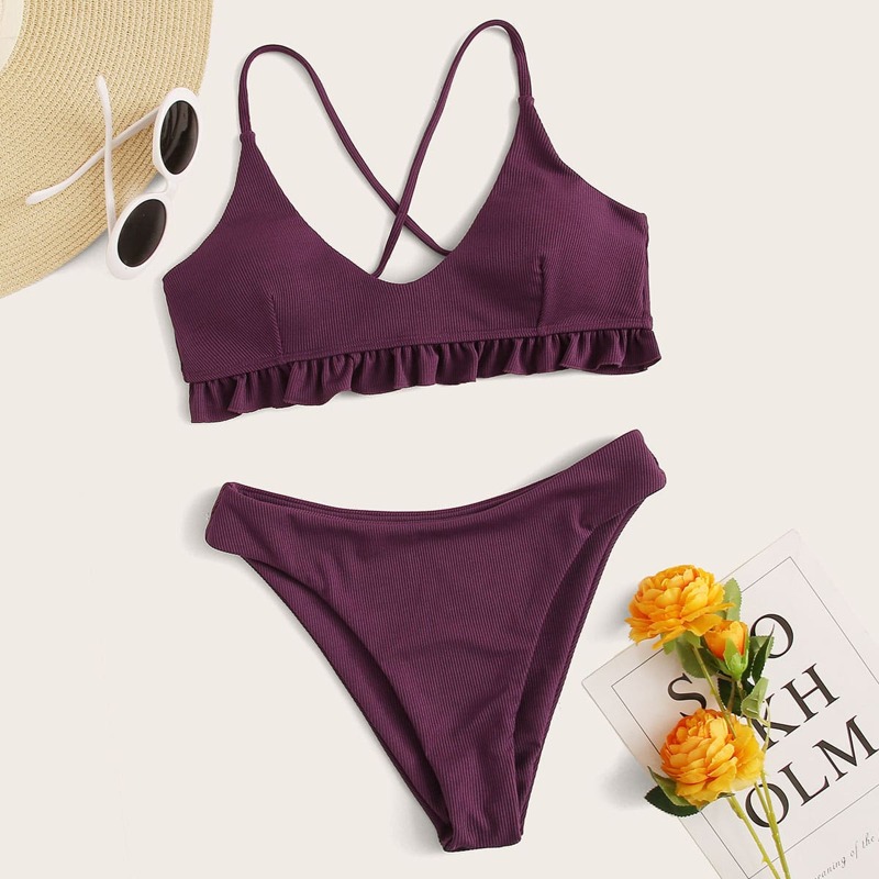 

Ribbed Frill Trim High Cut Bikini Swimsuit, Purple