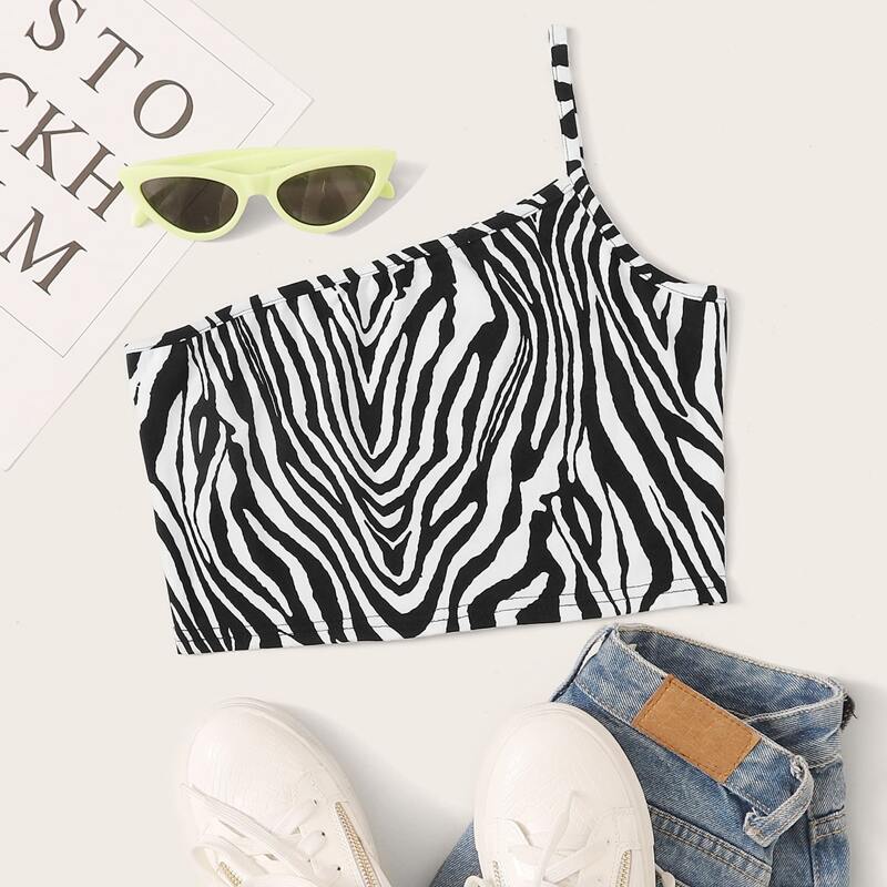 

Zebra Striped One Shoulder Crop Top, Black and white