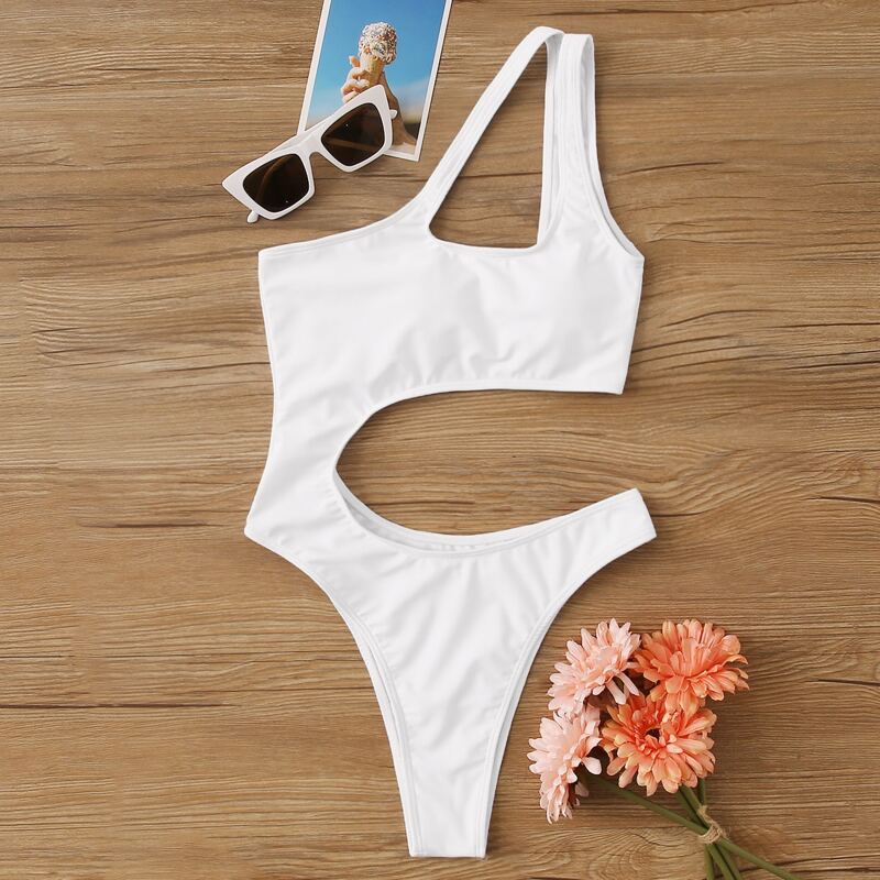 

Asymmetrical One Shoulder Cutout One Piece Swimsuit, White