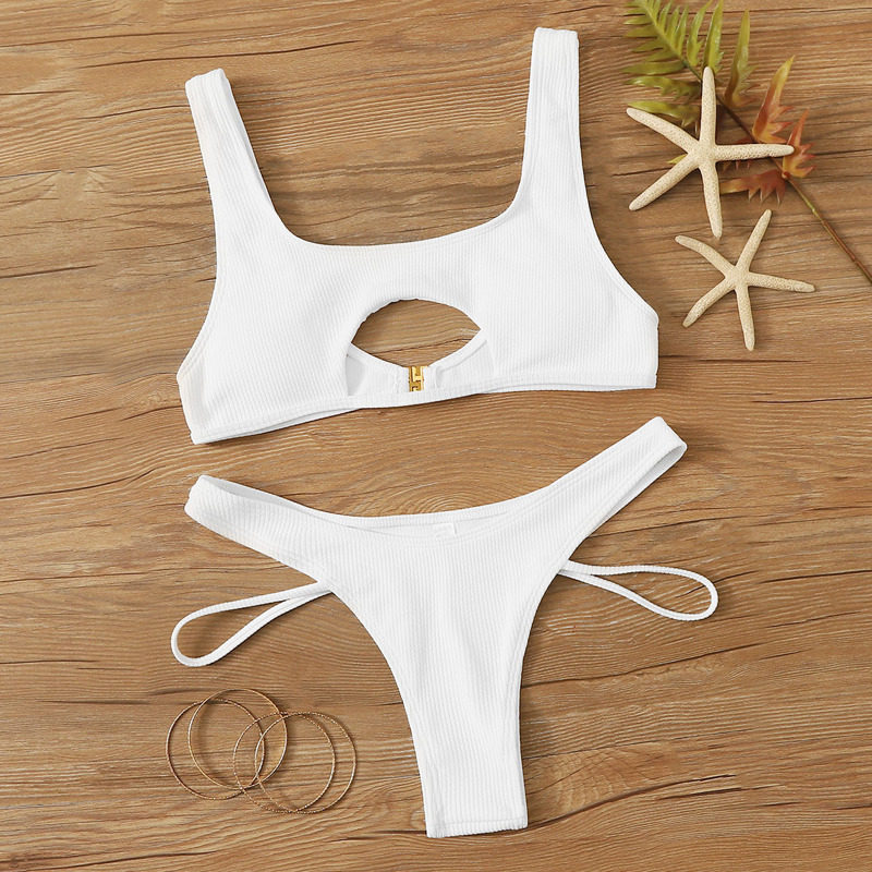 

Ribbed Cutout High Cut Bikini Swimsuit, White