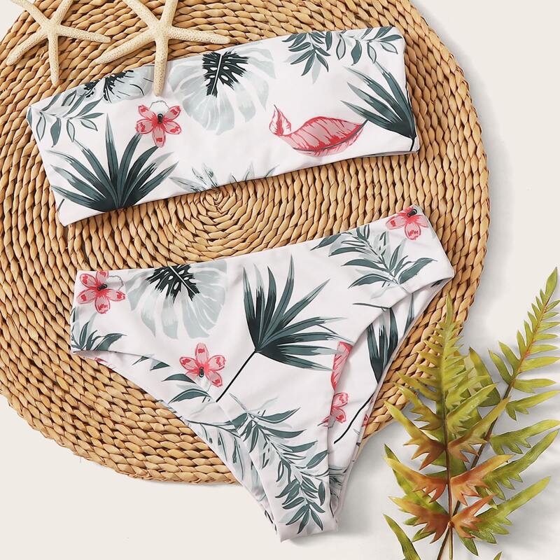 

Tropical Floral Bandeau Bikini Swimsuit, Multicolor