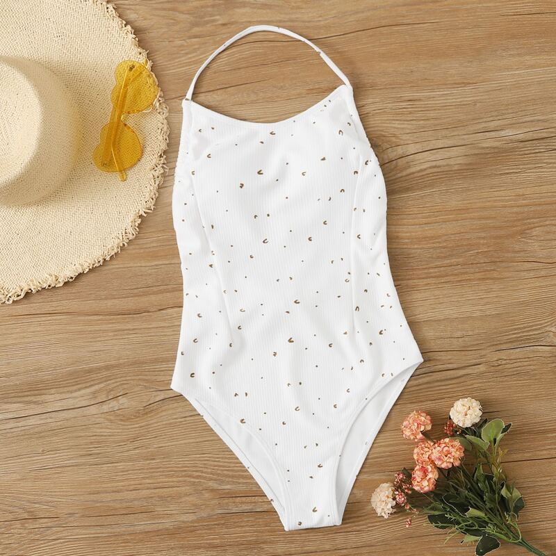

Graphic Halter Tie Back One Piece Swimsuit, White
